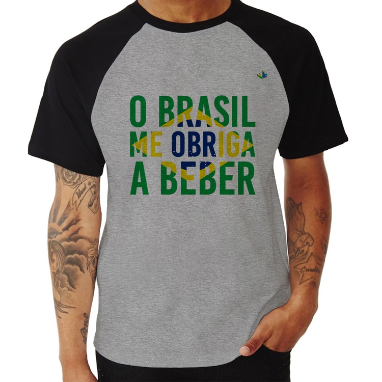 Camiseta Raglan O Brasil me obriga a beber - Cinza/Preto