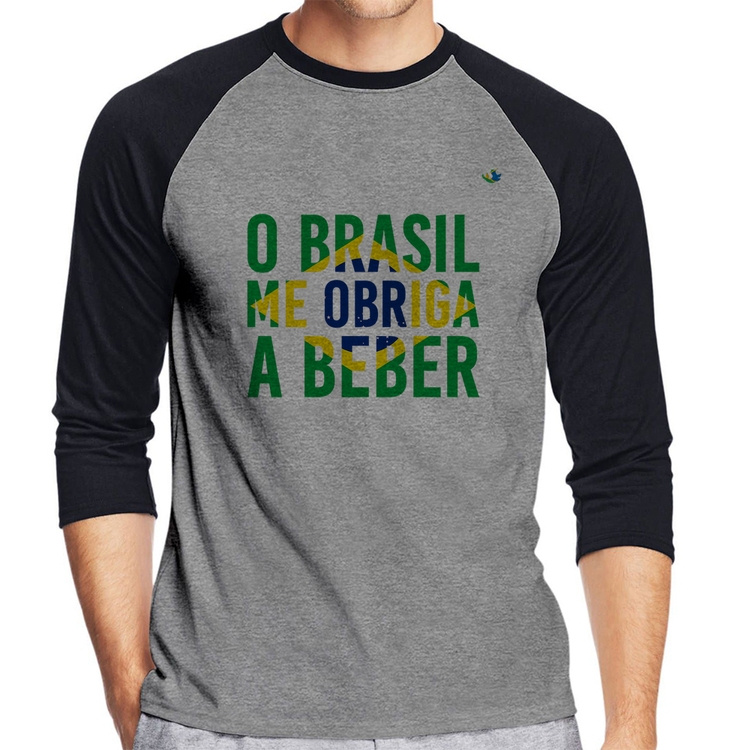 Camiseta Raglan O Brasil me obriga a beber Manga 3/4 - Cinza/Preto