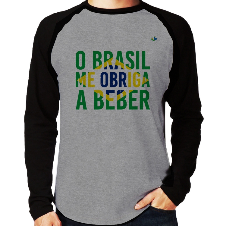 Camiseta Raglan O Brasil me obriga a beber Manga Longa - Cinza/Preto