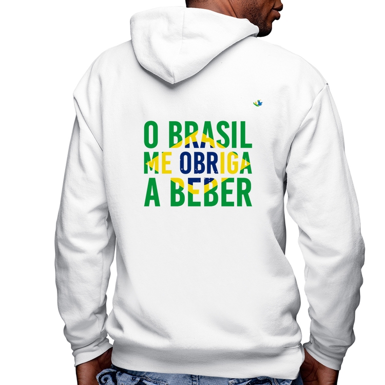 Blusa Moletom O Brasil me obriga a beber Masculina com Capuz e Zíper - Branca