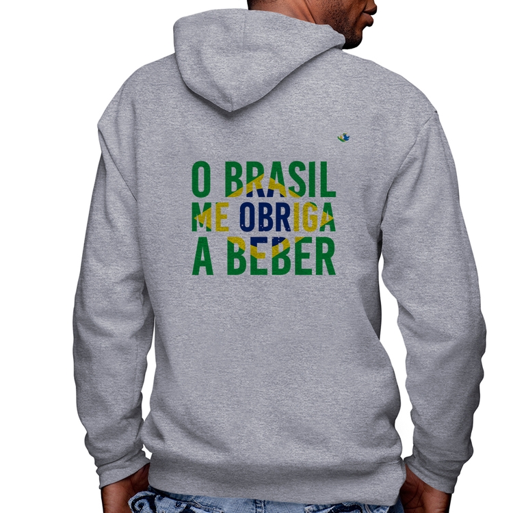 Blusa Moletom O Brasil me obriga a beber Masculina com Capuz e Zíper - Mescla
