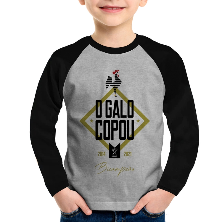 Camiseta Raglan Infantil O Galo Copou! Manga Longa - Cinza/Preto