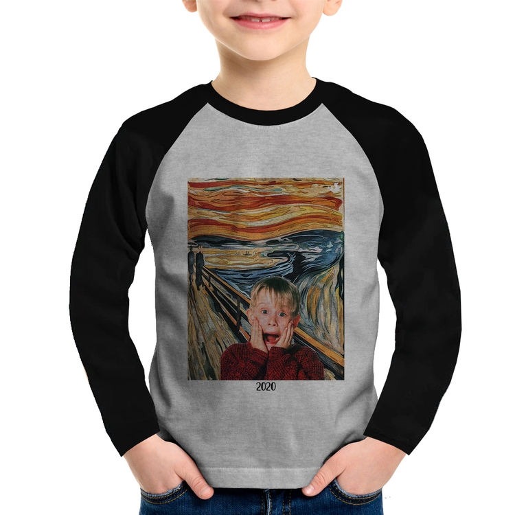 Camiseta Raglan Infantil O grito 2020 Manga Longa - Cinza/Preto