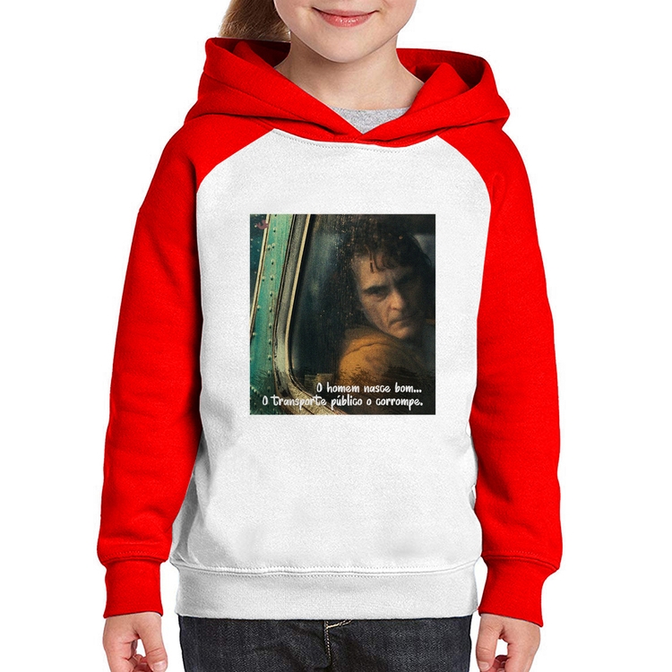 Moletom Infantil O homem nasce bom, o transporte público o corrompe - Branco/Vermelho