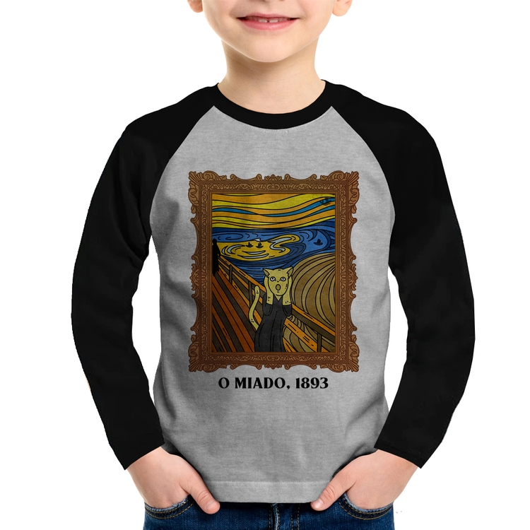 Camiseta Raglan Infantil O miado, 1893 Manga Longa - Cinza/Preto