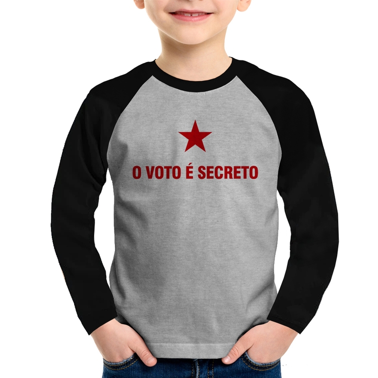 Camiseta Raglan Infantil O voto é secreto Manga Longa - Cinza/Preto