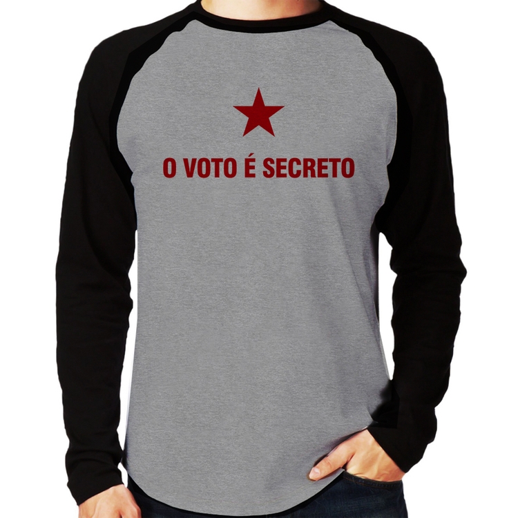 Camiseta Raglan O voto é secreto Manga Longa - Cinza/Preto