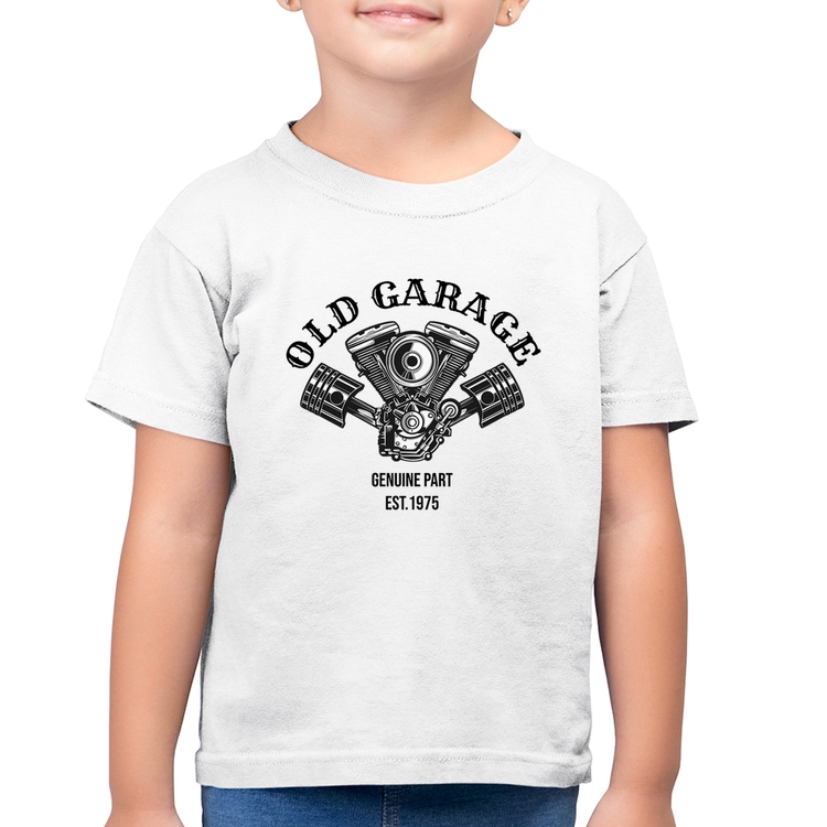 Camiseta Algodão Infantil Old Garage Genuine Part Est.1975 - Branca