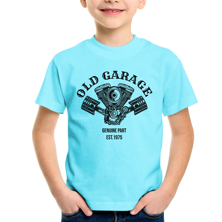 Camiseta Infantil Old Garage Genuine Part Est.1975 - Azul Claro
