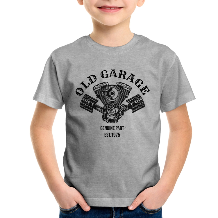 Camiseta Infantil Old Garage Genuine Part Est.1975 - Cinza