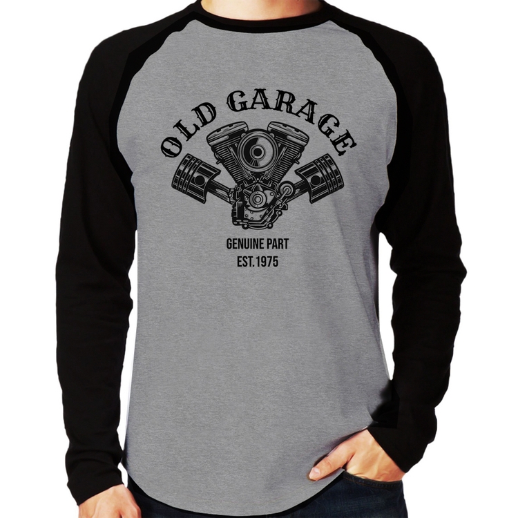 Camiseta Raglan Old Garage Genuine Part Est.1975 Manga Longa - Cinza/Preto