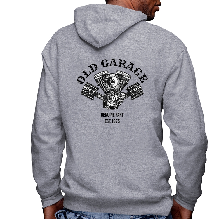 Blusa Moletom Old Garage Genuine Part Est.1975 Masculina com Capuz e Zíper - Mescla
