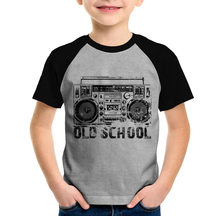 Camiseta Raglan Infantil Old School Boombox - Cinza/Preto