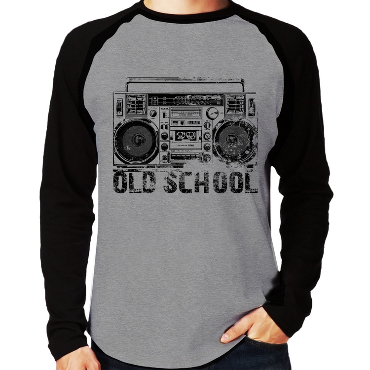 Camiseta Raglan Old School Boombox Manga Longa - Cinza/Preto