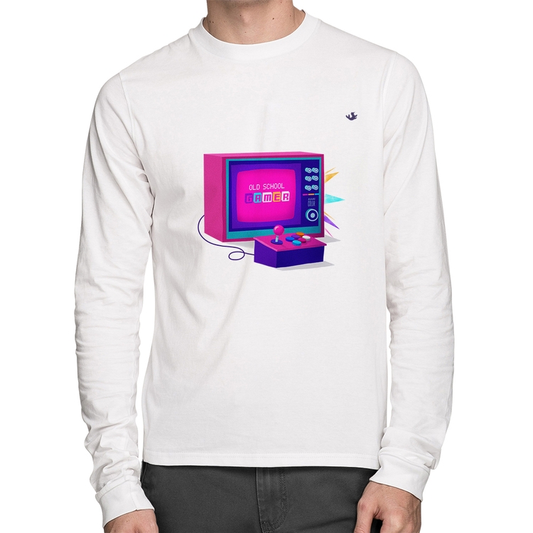 Camiseta Algodão Old School Gamer Manga Longa - Branca