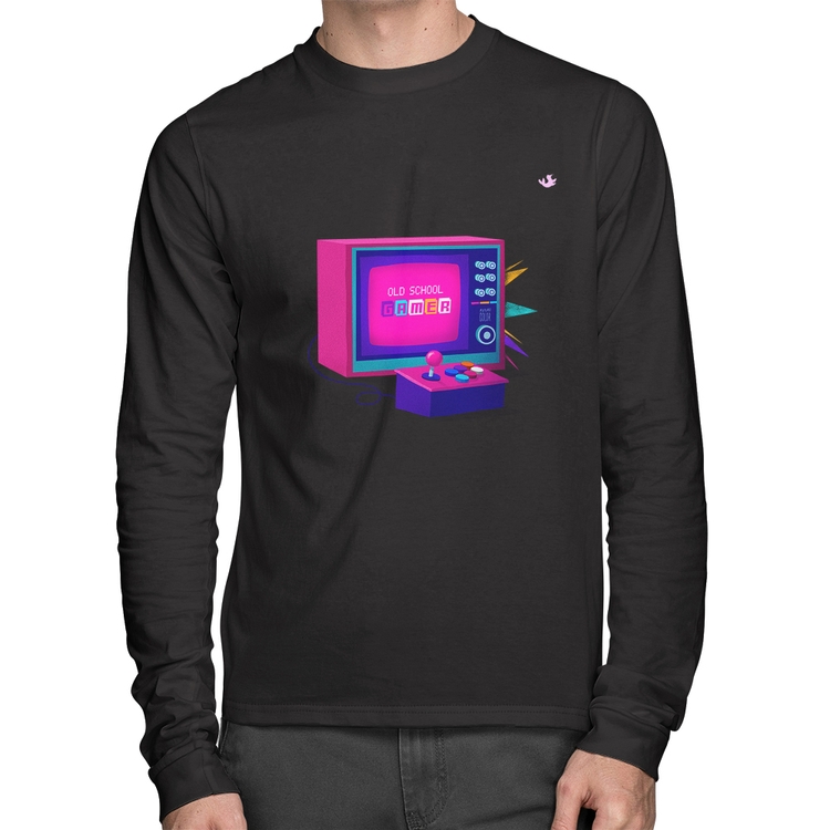 Camiseta Algodão Old School Gamer Manga Longa