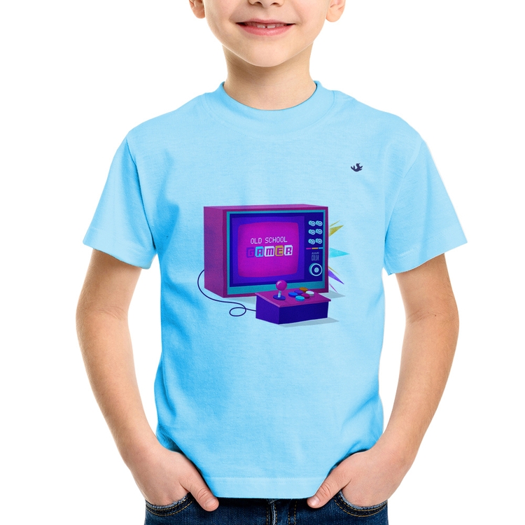 Camiseta Infantil Old School Gamer - Azul Bebê