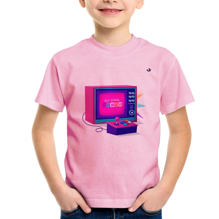 Camiseta Infantil Old School Gamer - Rosa Bebê