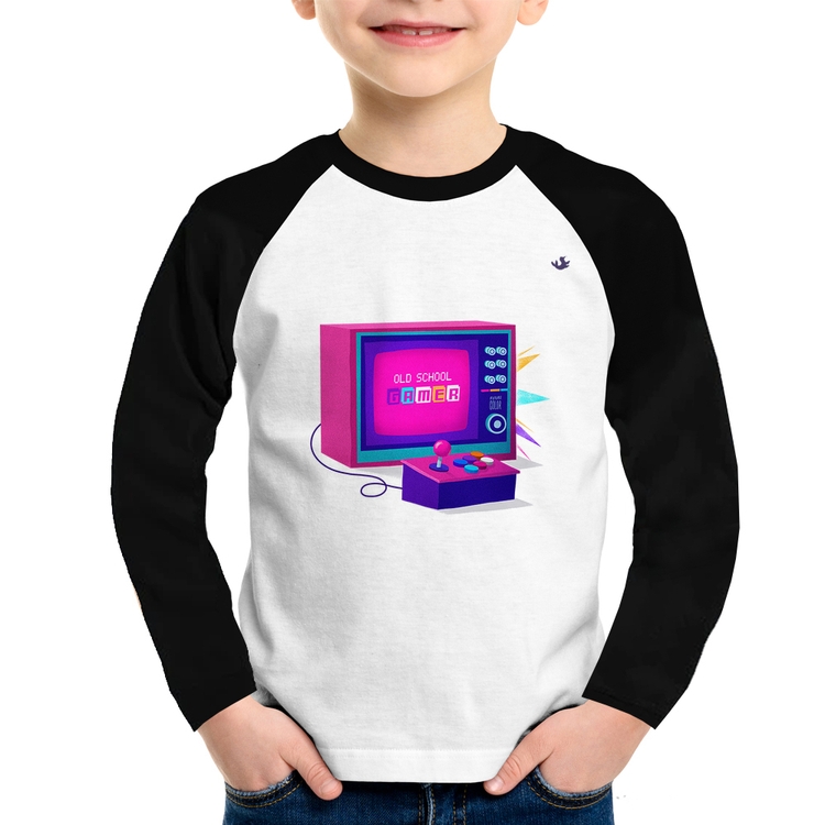 Camiseta Raglan Infantil Old School Gamer Manga Longa