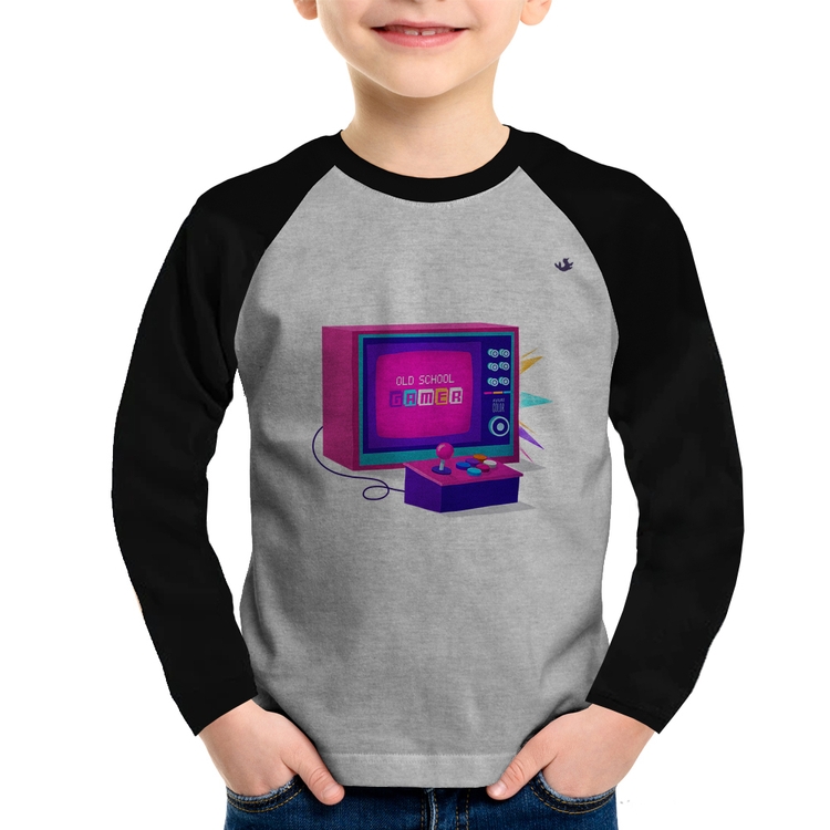 Camiseta Raglan Infantil Old School Gamer Manga Longa - Cinza/Preto