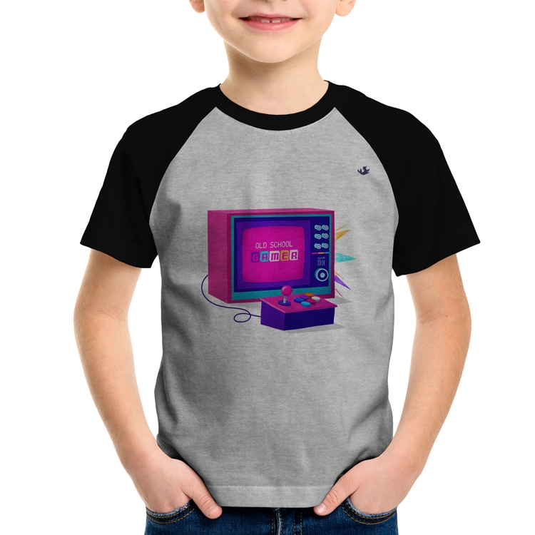 Camiseta Raglan Infantil Old School Gamer - Cinza/Preto