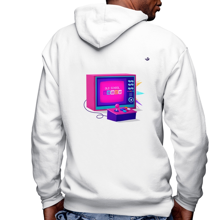 Blusa Moletom Old School Gamer Masculina com Capuz e Zíper - Branca