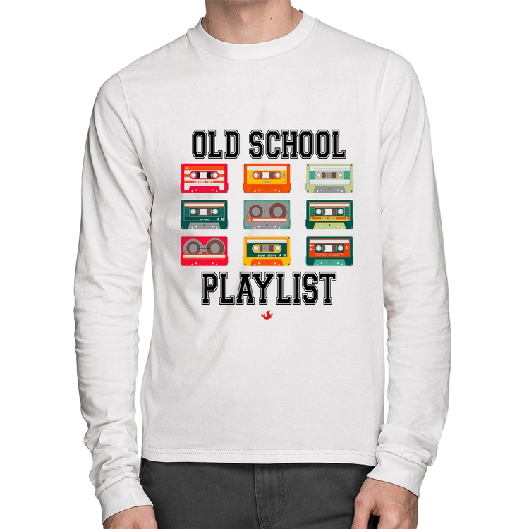 Camiseta Algodão Old School Playlist Manga Longa - Branca