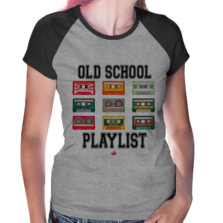 Baby Look Raglan Old School Playlist - Cinza/Preto