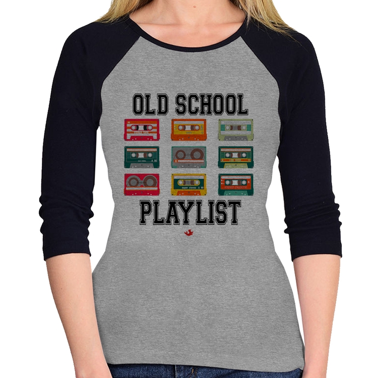Baby Look Raglan Old School Playlist Manga 3/4 - Cinza/Preto