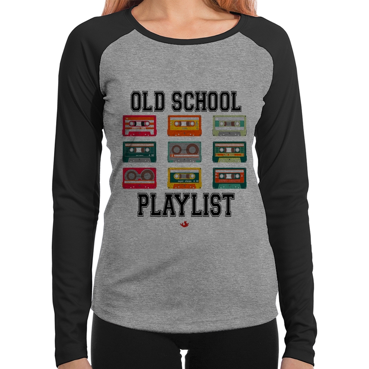 Baby Look Raglan Old School Playlist Manga Longa - Cinza/Preto