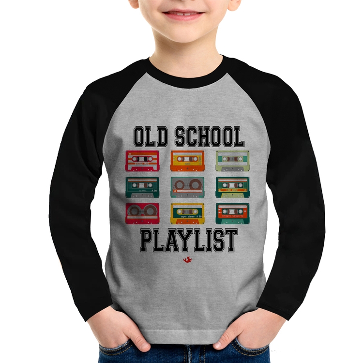 Camiseta Raglan Infantil Old School Playlist Manga Longa - Cinza/Preto