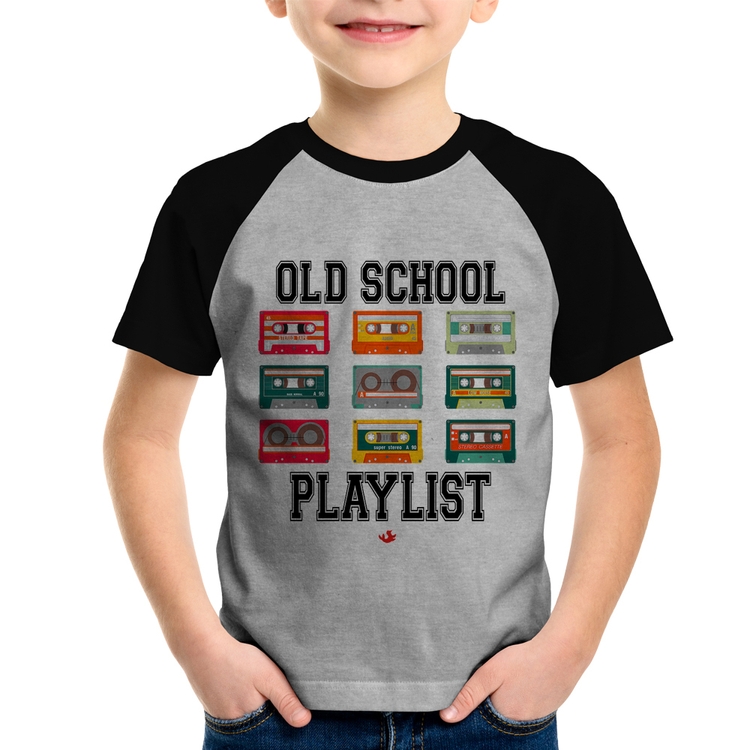 Camiseta Raglan Infantil Old School Playlist - Cinza/Preto
