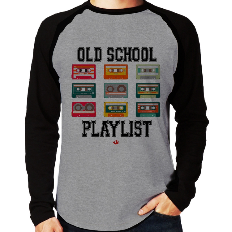 Camiseta Raglan Old School Playlist Manga Longa - Cinza/Preto