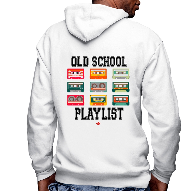 Blusa Moletom Old School Playlist Masculina com Capuz e Zíper - Branca