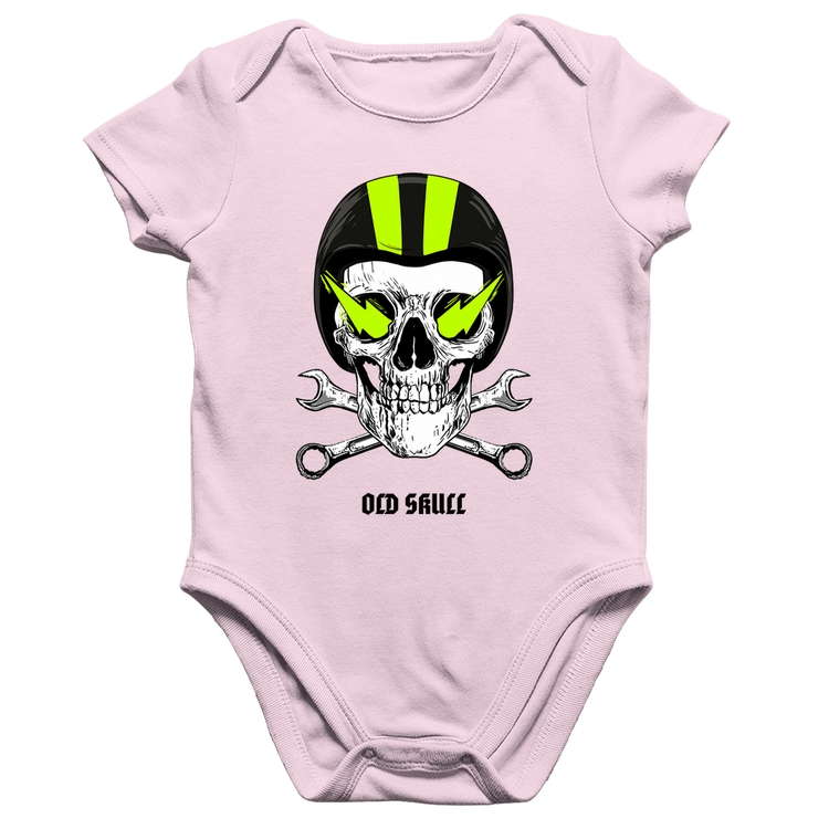 Body Bebê Algodão Old Skull Motorcycle - Rosa Bebê