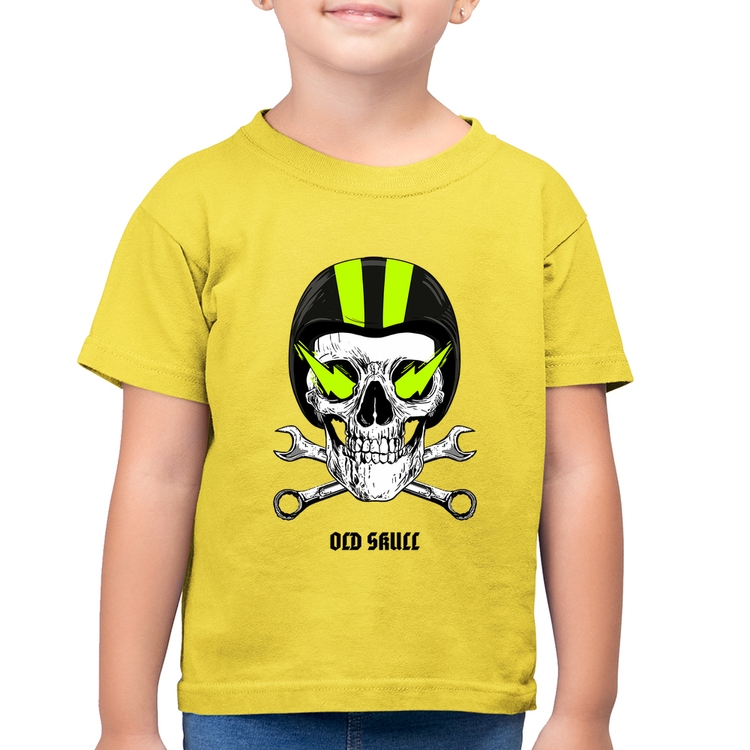 Camiseta Algodão Infantil Old Skull Motorcycle - Amarelo Canário
