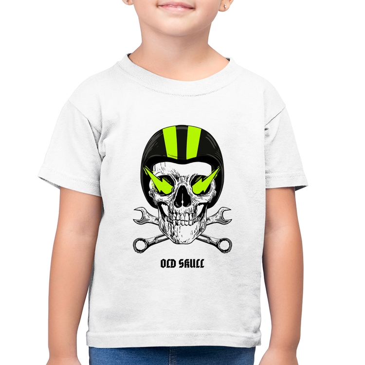Camiseta Algodão Infantil Old Skull Motorcycle - Branca