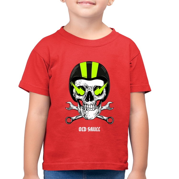 Camiseta Algodão Infantil Old Skull Motorcycle - Vermelha