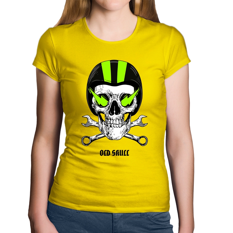 Baby Look Algodão Old Skull Motorcycle - Amarela