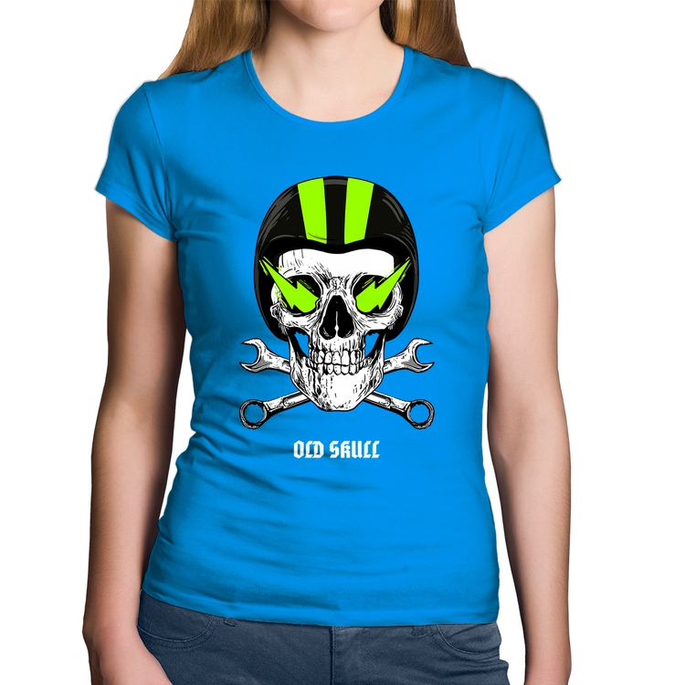 Baby Look Algodão Old Skull Motorcycle - Azul