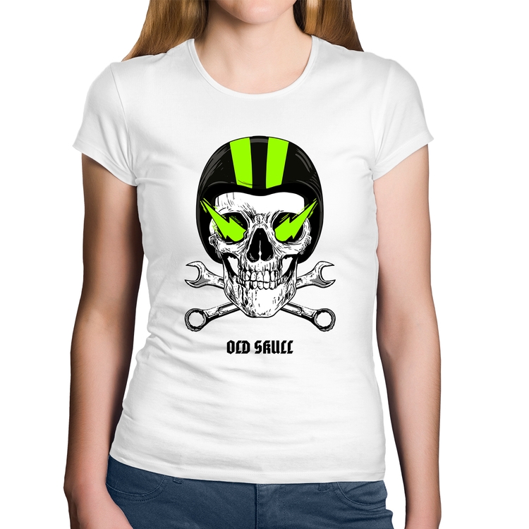 Baby Look Algodão Old Skull Motorcycle - Branca