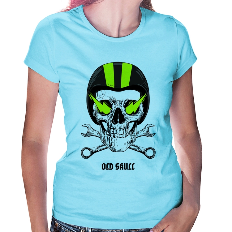 Baby Look Old Skull Motorcycle - Azul Bebê