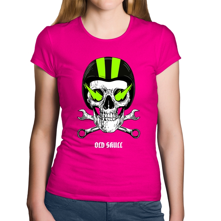 Baby Look Algodão Old Skull Motorcycle - Rosa