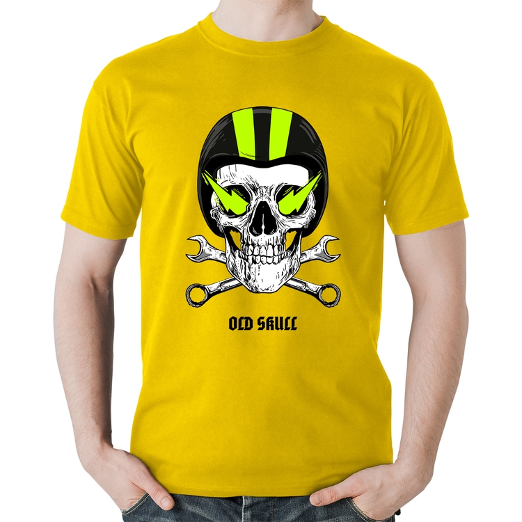 Camiseta Algodão Old Skull Motorcycle - Amarela