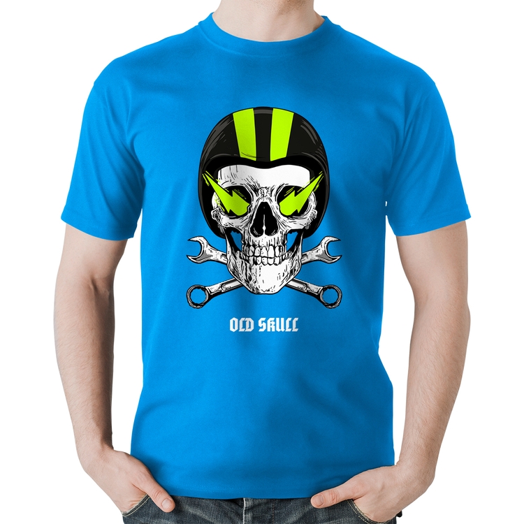 Camiseta Algodão Old Skull Motorcycle - Azul