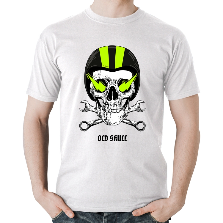 Camiseta Algodão Old Skull Motorcycle - Branca