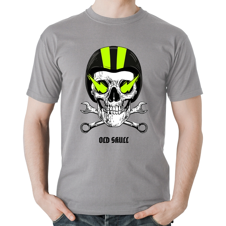 Camiseta Algodão Old Skull Motorcycle - Cinza