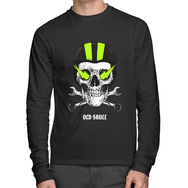 Camiseta Algodão Old Skull Motorcycle Manga Longa