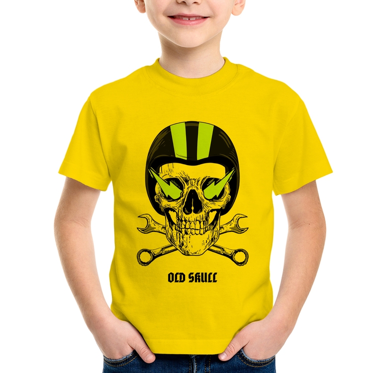Camiseta Infantil Old Skull Motorcycle - Amarela