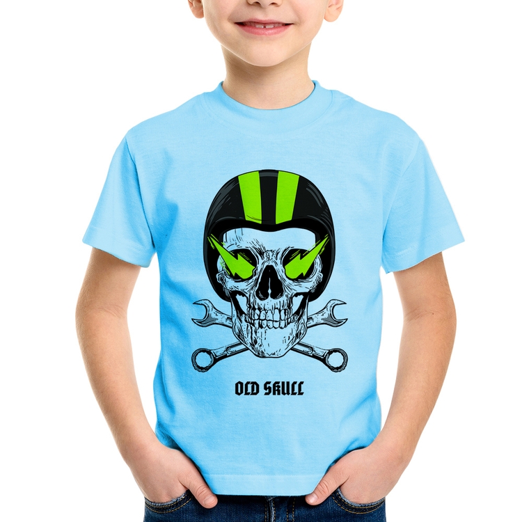 Camiseta Infantil Old Skull Motorcycle - Azul Bebê